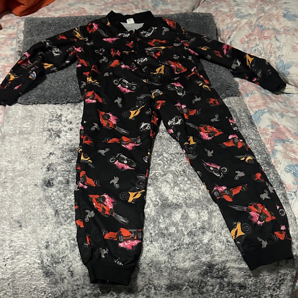 SHEIN Kids Black Jumpsuit with Colorful Car Print